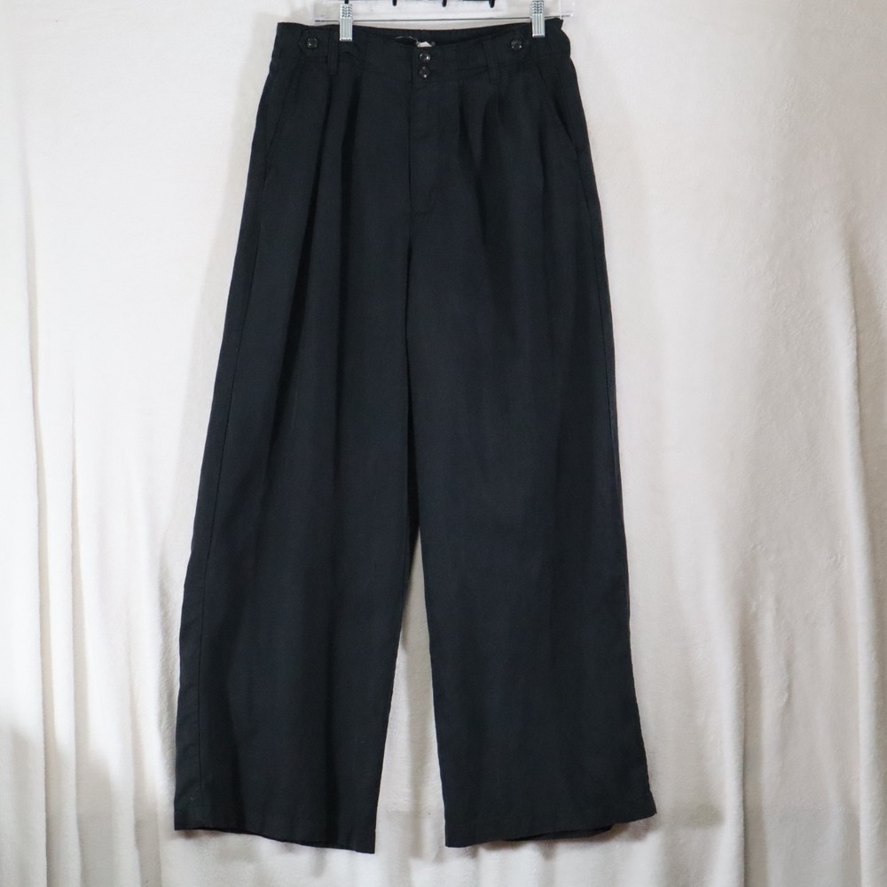 Madewell Women 10 Black/Navy High Rise Pleated Wide Leg Pants Trouser Button Tab
